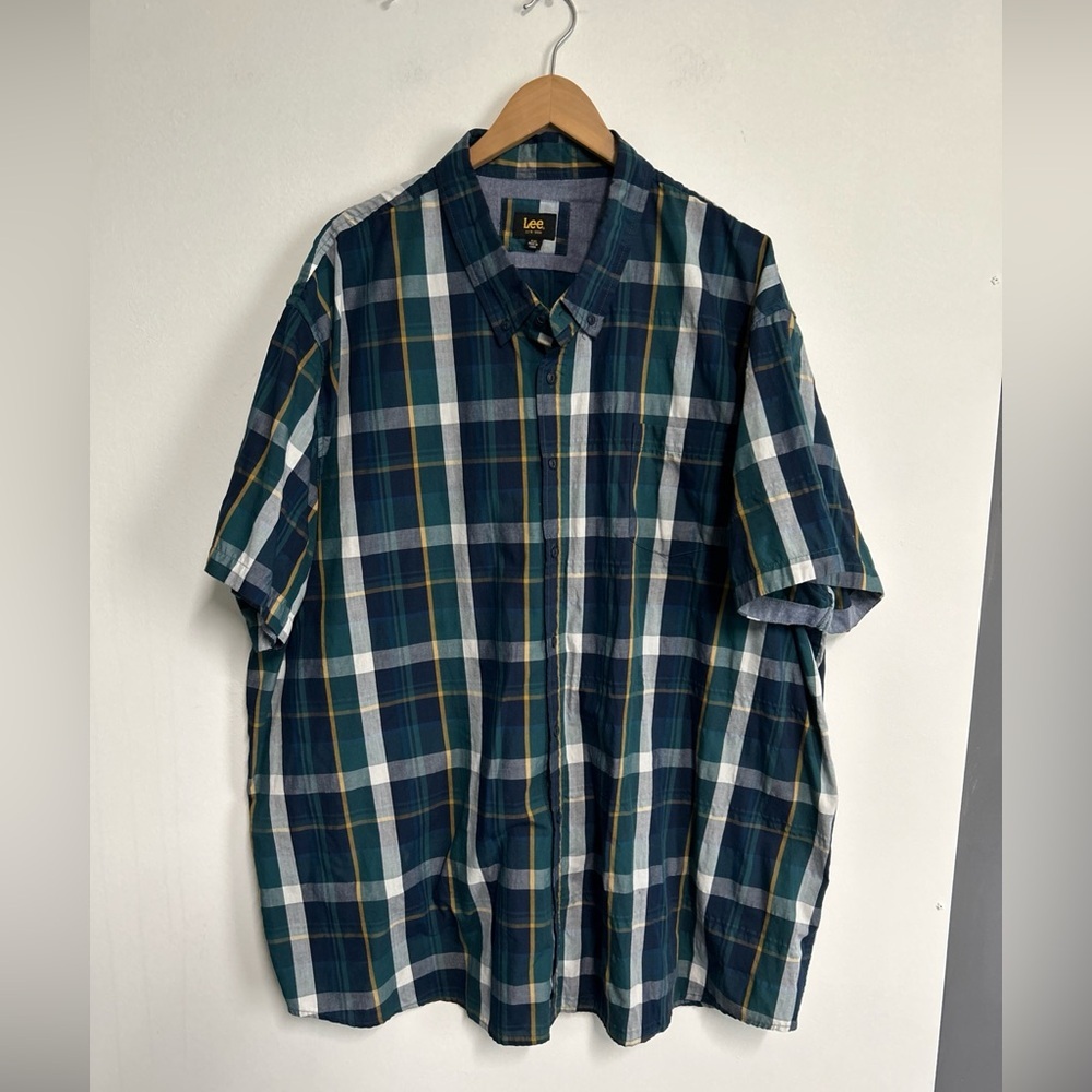 LEE Shirt Mens 4X Plaid Short Sleeve Button‎ Front Pocket Green Career Preppy